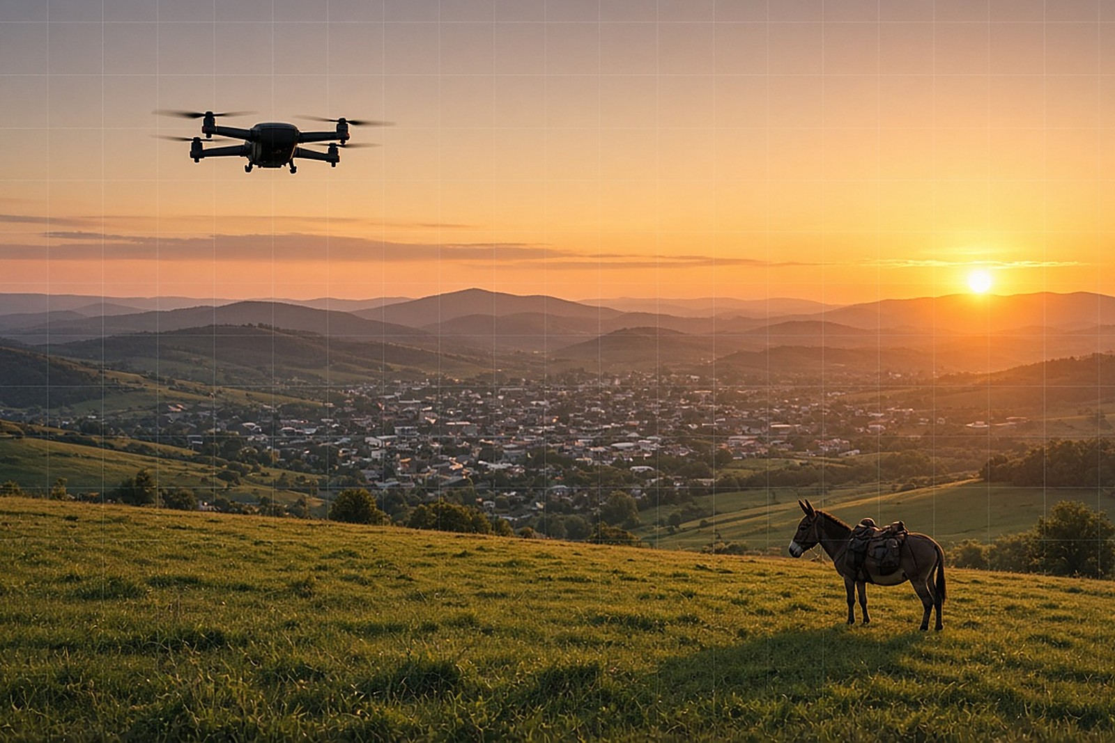 Drone over Middle Tennessee hills at sunset with a pack mule in the pasture.