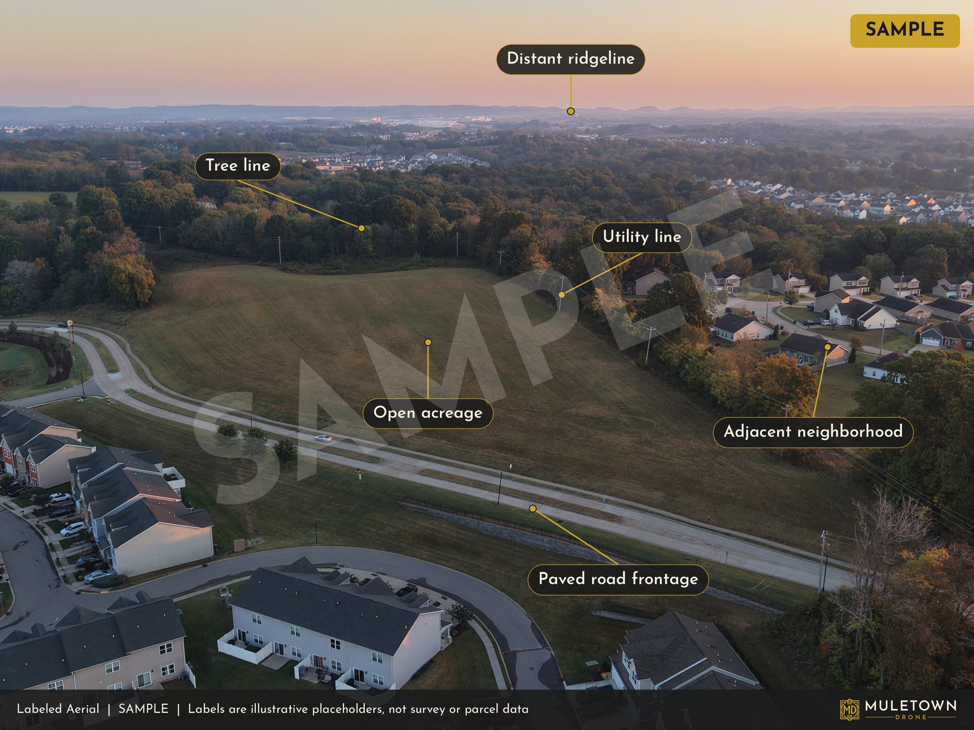 Sample labeled aerial of open acreage at sunrise.