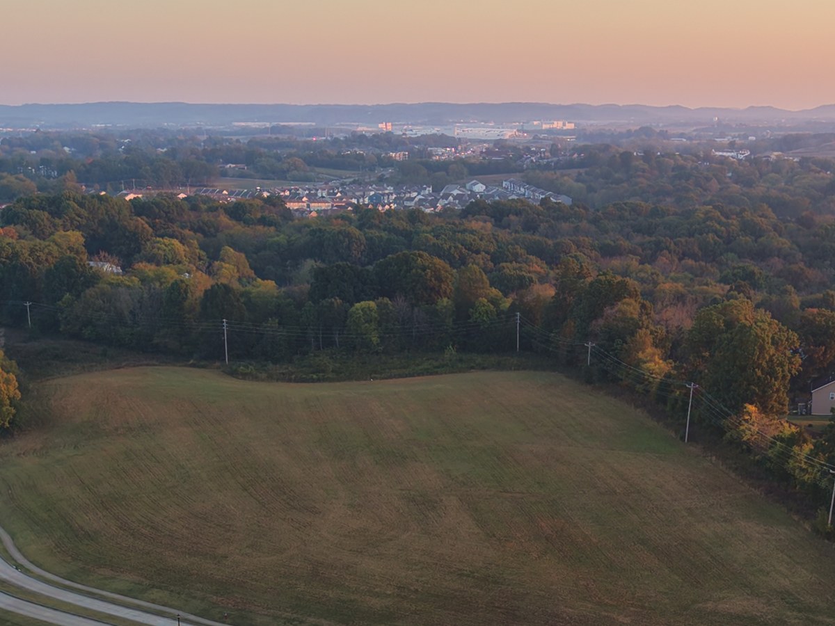 Aerial view of an open field and layered tree lines at dawn in Maury County, Tennessee.
