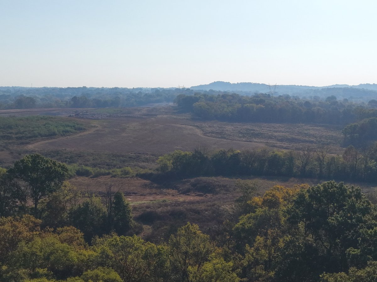 Aerial view of open rolling land and tree lines toward a distant ridge in Maury County, Tennessee.