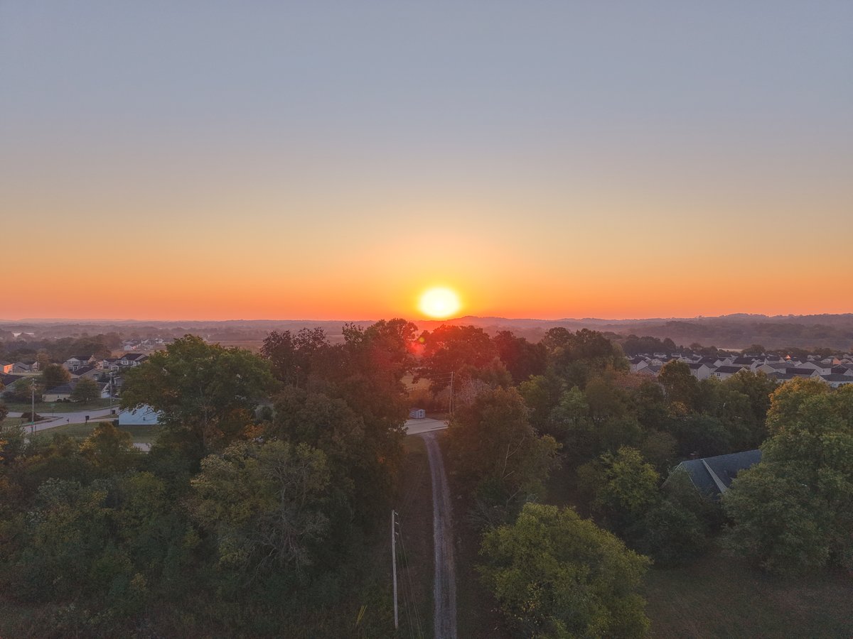 Aerial view of sunrise over a tree-lined lane in Columbia, Tennessee.