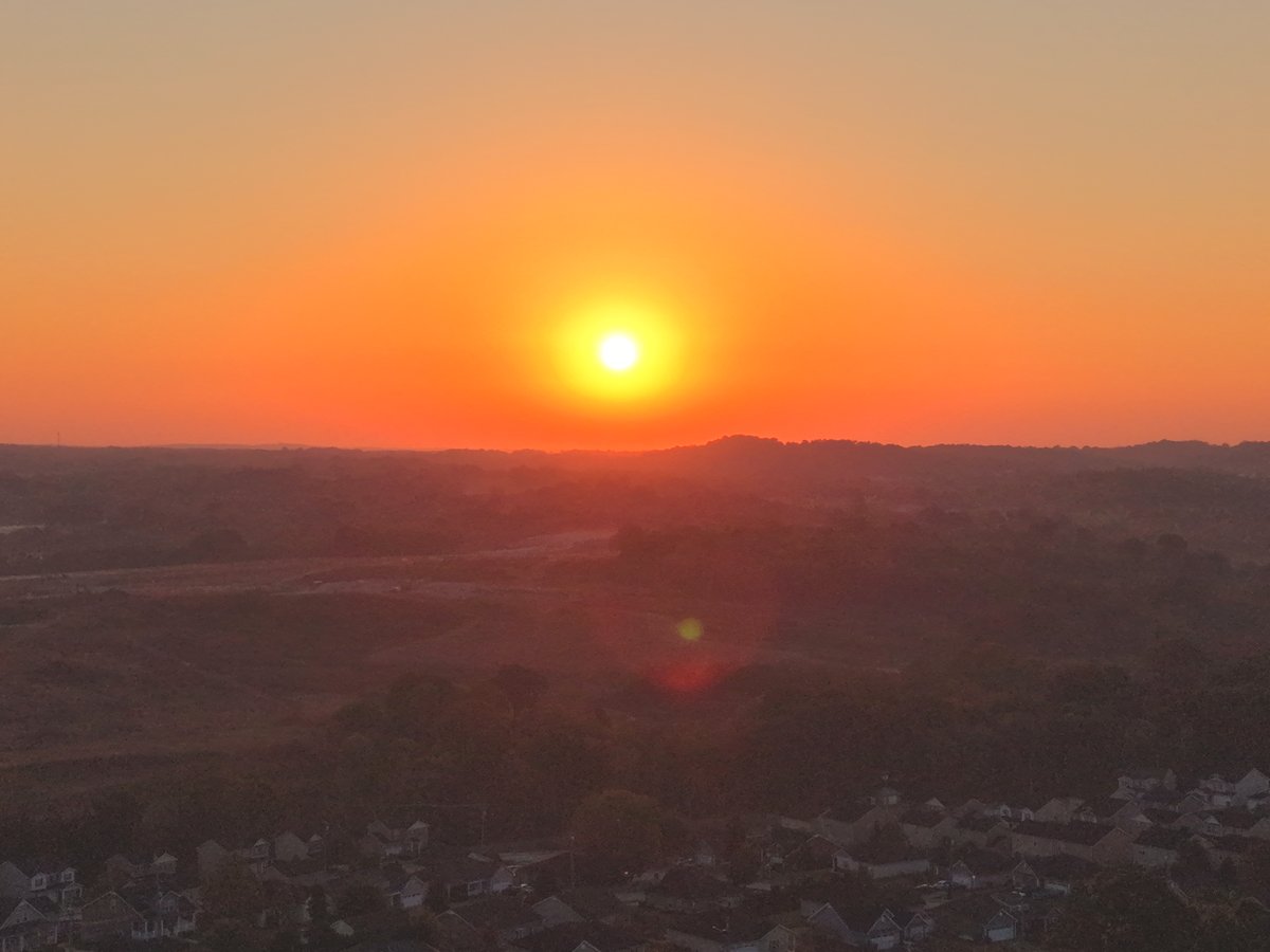 Aerial view of sunrise over a ridge and valley in Columbia, Tennessee.